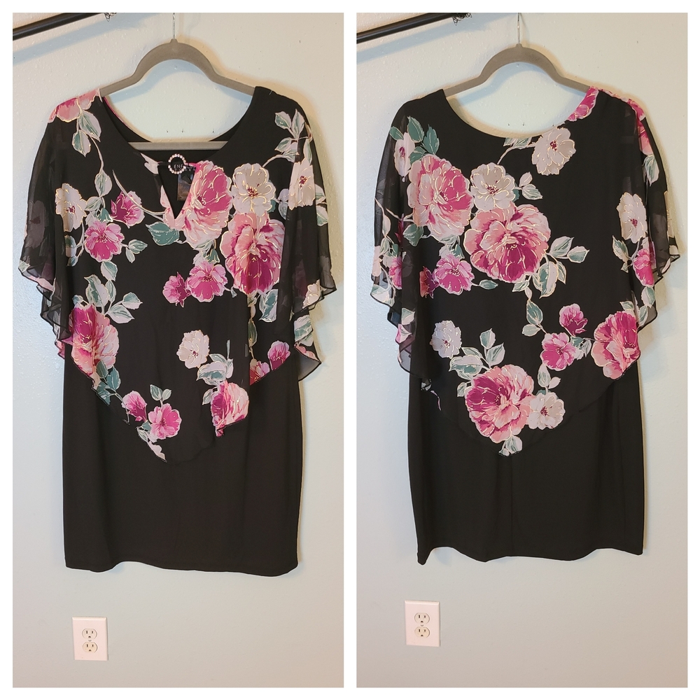 Enfocus Studio Black Mini Dress with Short Sleeves Ruffled Asymmetrical Style.